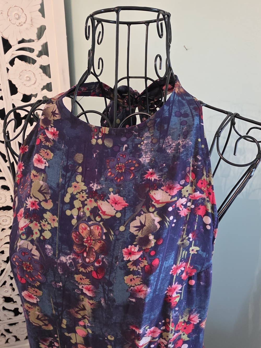 Floral Tiered Maxi Dress - Navy with Pink Floral - Picture 8 of 16